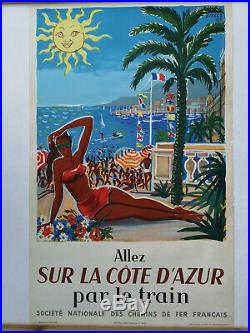 Affiche SNCF originale Baille Hervé 1954 région Côte d'Azur 62 x 100 cms