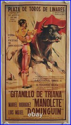 Affiche Tauromachie PLAZA DE TOROS LINARES 1947 MANOLETE DOMINGUIN