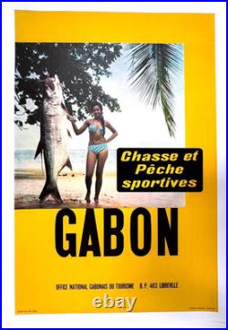 Affiche Tourisme Afrique Gabon Peche Chasse Sportive Miss Pin-up Tarpon 1960-70