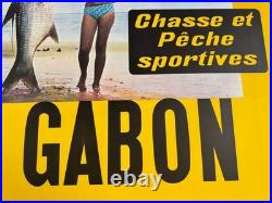Affiche Tourisme Afrique Gabon Peche Chasse Sportive Miss Pin-up Tarpon 1960-70