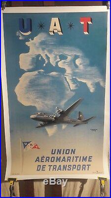 Affiche Uat Avion Dc4 Litho Annees 1954
