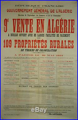 Affiche Vente en Algérie Algerie 1912 Propriété rurales colonisation Agriculture