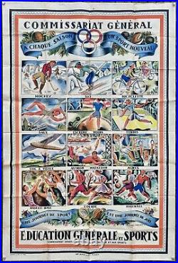 Affiche WW2 Commissariat Général aux Sports Hockey Ski Football Basket