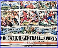 Affiche WW2 Commissariat Général aux Sports Hockey Ski Football Basket