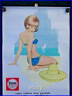 Affiche ancienne Calendrier Huile VEEDOL Pin Up signé Dickens Déco Garage 1969
