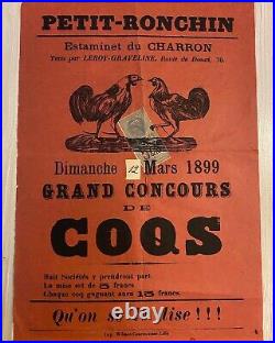Affiche ancienne Combat de Coqs Petit-Ronchin 12 Mars 1899 Nord 59 Cockfight