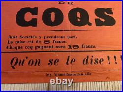 Affiche ancienne Combat de Coqs Petit-Ronchin 12 Mars 1899 Nord 59 Cockfight