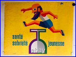Affiche ancienne Santé sobriété Jeunesse 1960 par Foré athlétisme bistro