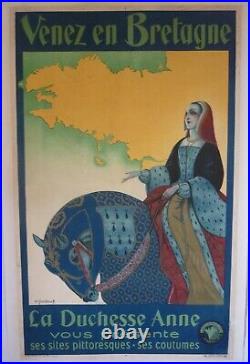 Affiche ancienne originale Bretagne chemin de fer duchesse Anne entoilée 1935