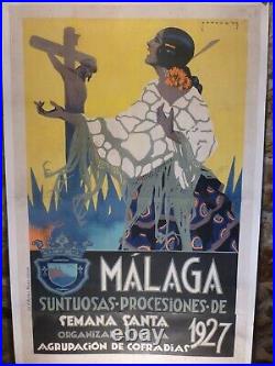 Affiche ancienne originale Malaga semana santa 1927 entoilée lithographie