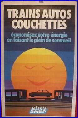 Affiche ancienne originale SNCF trains autos couchettes entoilée 1980