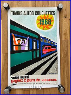 Affiche ancienne originale Trains Auto Couchettes 1968 G. GEORGET