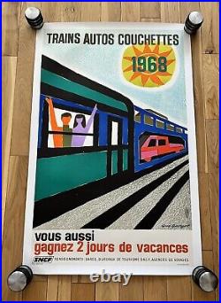 Affiche ancienne originale Trains Auto Couchettes 1968 G. GEORGET