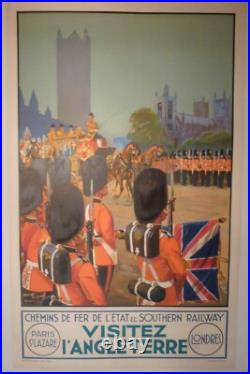Affiche ancienne originale chemin de fer Angleterre Paris Londres 1932 entoilée