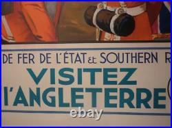 Affiche ancienne originale chemin de fer Angleterre Paris Londres 1932 entoilée