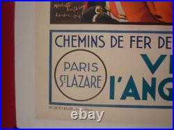 Affiche ancienne originale chemin de fer Angleterre Paris Londres 1932 entoilée