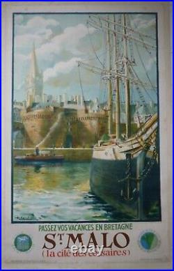 Affiche ancienne originale chemin de fer Bretagne Saint Malo 1933 entoilée