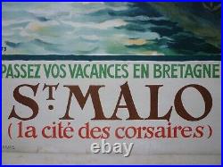 Affiche ancienne originale chemin de fer Bretagne Saint Malo 1933 entoilée