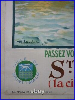 Affiche ancienne originale chemin de fer Bretagne Saint Malo 1933 entoilée