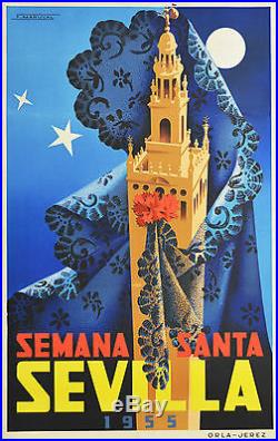 Affiche ancienne originale entoilée -Semana santa en SEVILLA 1955 Espagne