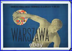 Affiche ancienne originale entoilée WARSZAWA -1955 Rencontres sportives