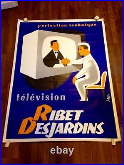 Affiche ancienne vintage Radio Ribet des Jardins 1956 bleu 120 X 150cm
