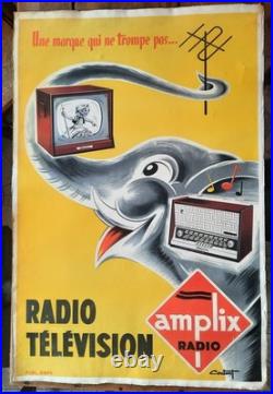 Affiche entoilée Radio Television AMPLIX éléphant COUTANT 81x121cm 1950