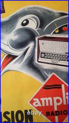 Affiche entoilée Radio Television AMPLIX éléphant COUTANT 81x121cm 1950