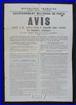 Affiche originale 17 Août 1915 GOUVERNEMENT MILITAIRE DE PARIS réformés WW1