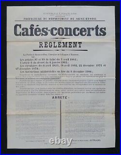 Affiche originale 1906 RÈGLEMENT DES CAFÉS CONCERTS préfecture Seine-et-Oise