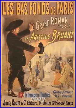 Affiche originale B. T. Bas Fonds de Paris Roman par Aristide Bruant 1895