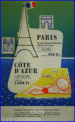 Affiche originale, Paris Côte d'Azur, par Abel, 1957. Imp. S. G. Tour Eiffel