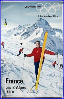 Affiche originale Ski en France Les Deux Alpes Grenoble Jeux olympiques 1968