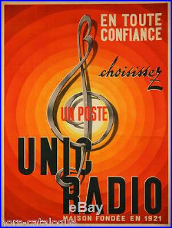 Affiche originale, Unic Radio, par A. Raoul Rasse, 1948. Poste radio, musique