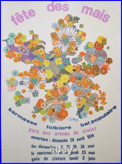 Affiche originale ancienne 1974 Fête des Mais Arènes de Cimez à Nice /RS580