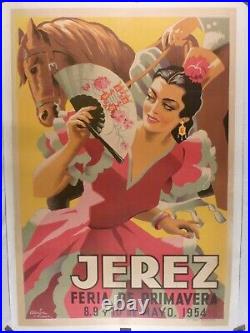 Affiche originale ancienne Jerez Espagne Spain entoilée 1954
