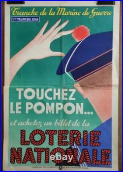 Affiche originale ancienne Loterie Nationale 1949 Touchez le pompon de la Marine