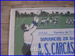 Affiche originale ancienne Sept. 1912 Match de RUGBY Carcassonne /Toulouse TOEC