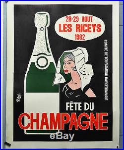 Affiche originale ancienne entoilée Fête du champagne LES RICEY 1982