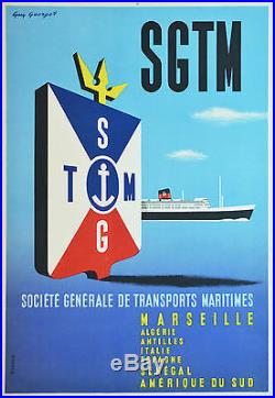 Affiche originale années 60 entoilée SGTM Marseille Algérie Amérique sud