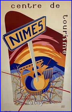 Affiche originale de tourisme Nîmes de Jacques Barthès -Années 50