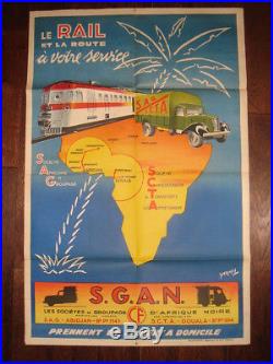 Affiche publicitaire S. G. A. N afrique abidjan Douala rail train transport 1950