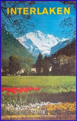 Affiche tourisme SUISSE INTERLAKEN Montagne Switzerland Schweiz 64x101cm 70's