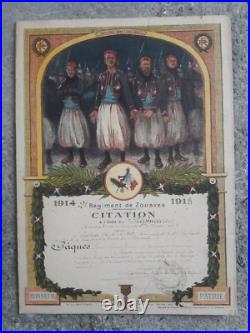 Affichette Cartonnee Regiment Zouaves 14/18 Citation