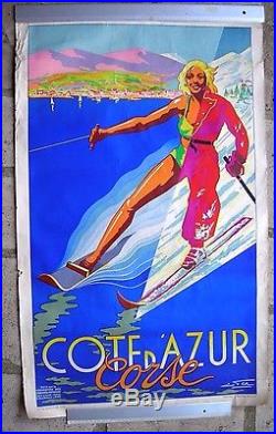 Ancienne AFFICHE Cote d' Azur CORSE Ski nautique montagne 100 X 62.5 Studio FER