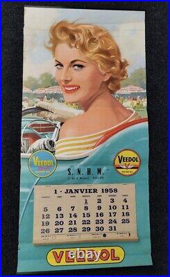Ancienne Affiche Huile VEEDOL 1958 Pin Up calendrier vintage déco garage