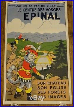 Ancienne affiche Chemin de fer de l'Est Epinal Vosges Chat botté Bottes 7 lieues