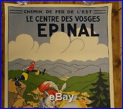 Ancienne affiche Chemin de fer de l'Est Epinal Vosges Chat botté Bottes 7 lieues