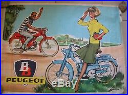 Ancienne affiche Peugeot BB années 1960 publicité mobylette vélomoteur 107x80