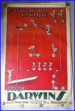 Ancienne affiche annees 30 cirque acrobate velo the darwins RARE